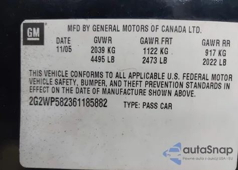2006 Pontiac Grand Prix z USA, uszkodzony, nr VIN 2G2WP582361185882